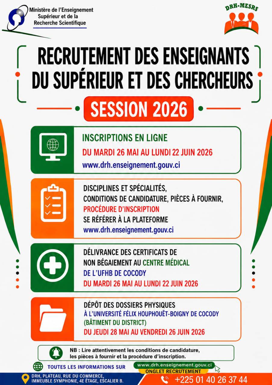Côte d'Ivoire / MESRS : ouverture du concours de recrutement des enseignants du supérieur et des chercheurs 2026