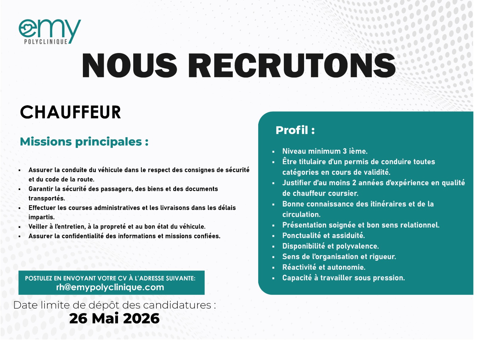 EMY Polyclinique recrute : envoyez votre candidature (22 mai 2026)