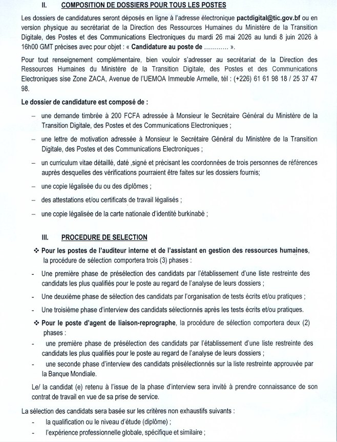 Burkina Faso : le Ministère Transition Digitale, Postes et Communications Electroniques recherche ces profils (26 mai 2026)