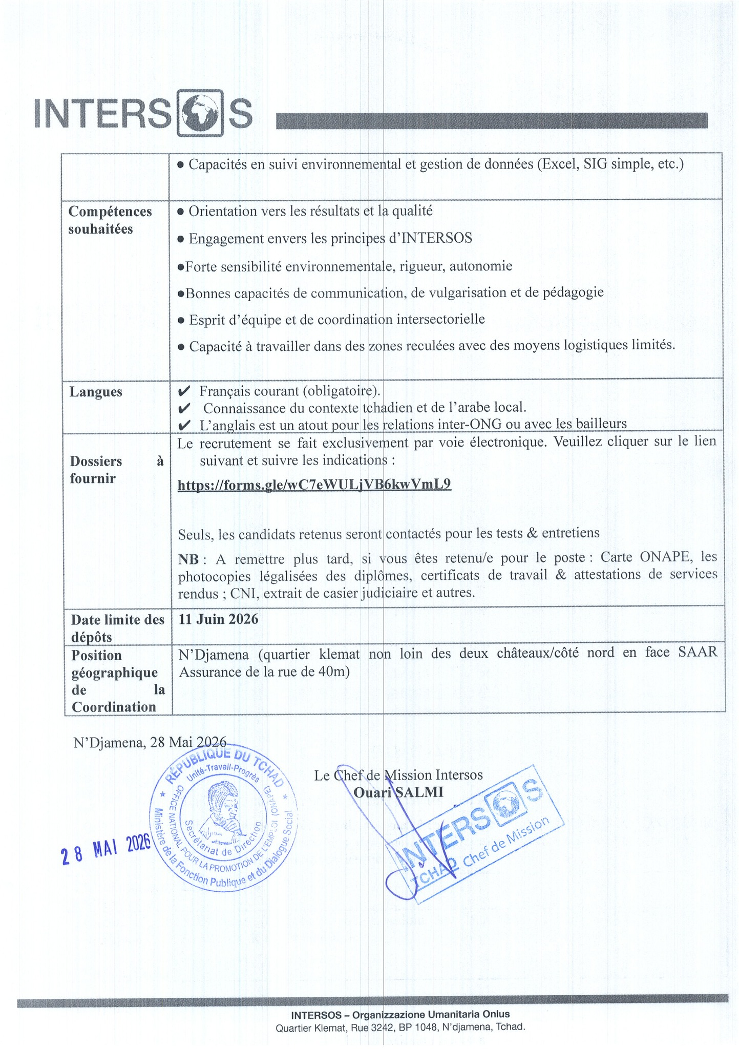 RECRUTEMENT à l'organisation humanitaire INTERSOS (29 mai 2026)