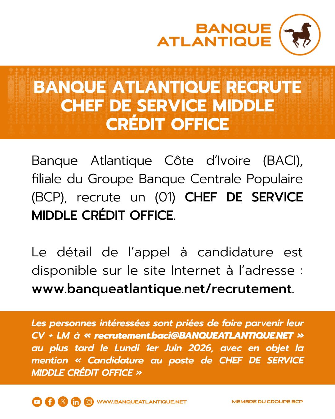 LA BANQUE ATLANTIQUE RECHECHE CES PROFILS (28 mai 2026)