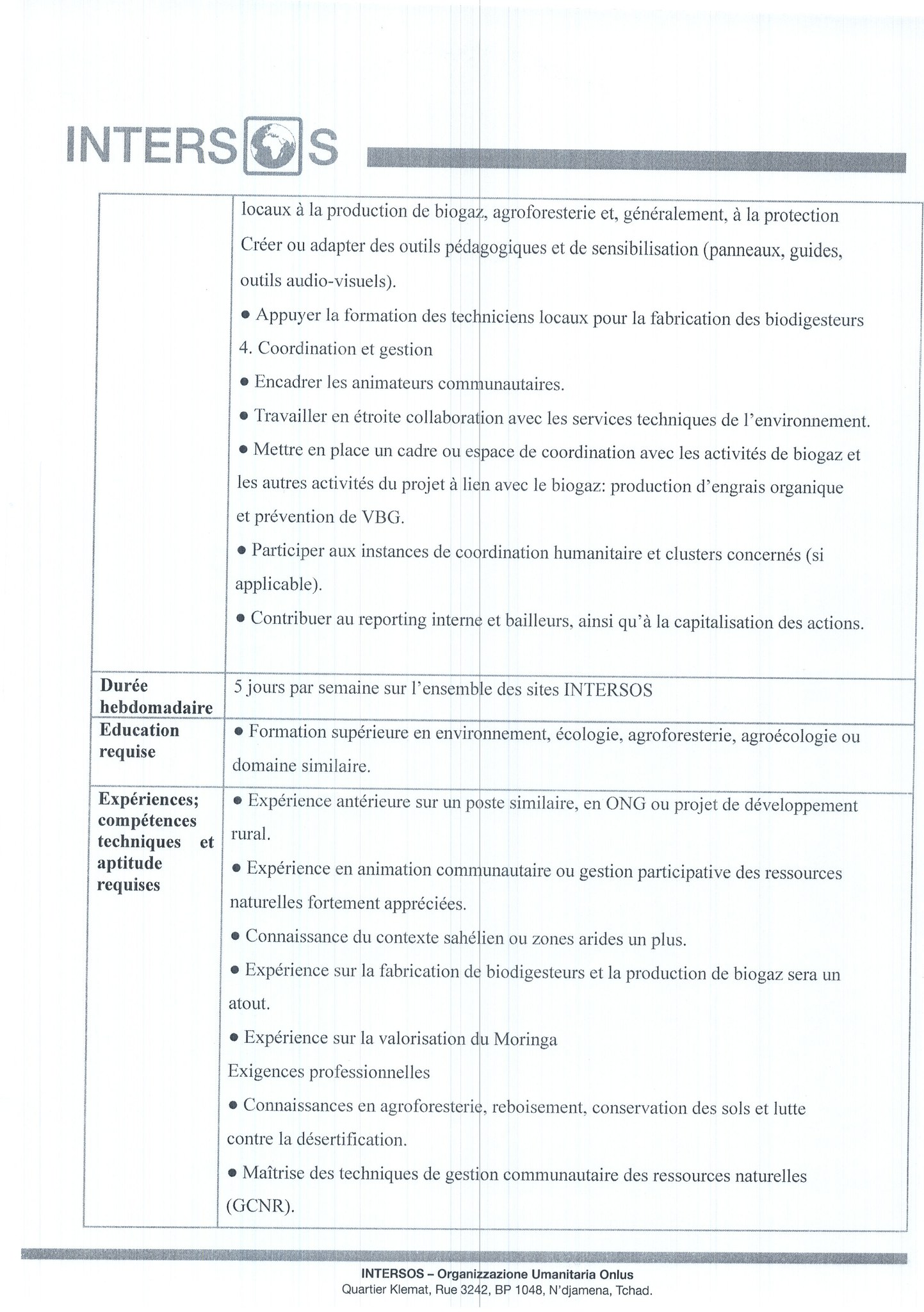 RECRUTEMENT à l'organisation humanitaire INTERSOS (29 mai 2026)