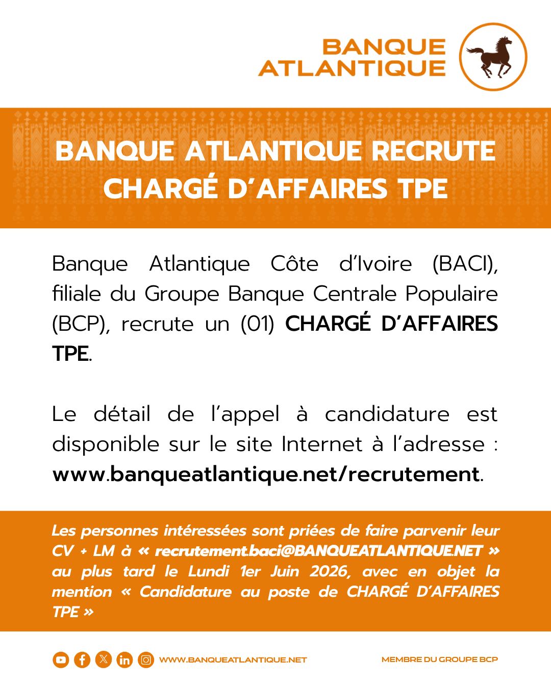 LA BANQUE ATLANTIQUE RECHECHE CES PROFILS (28 mai 2026)