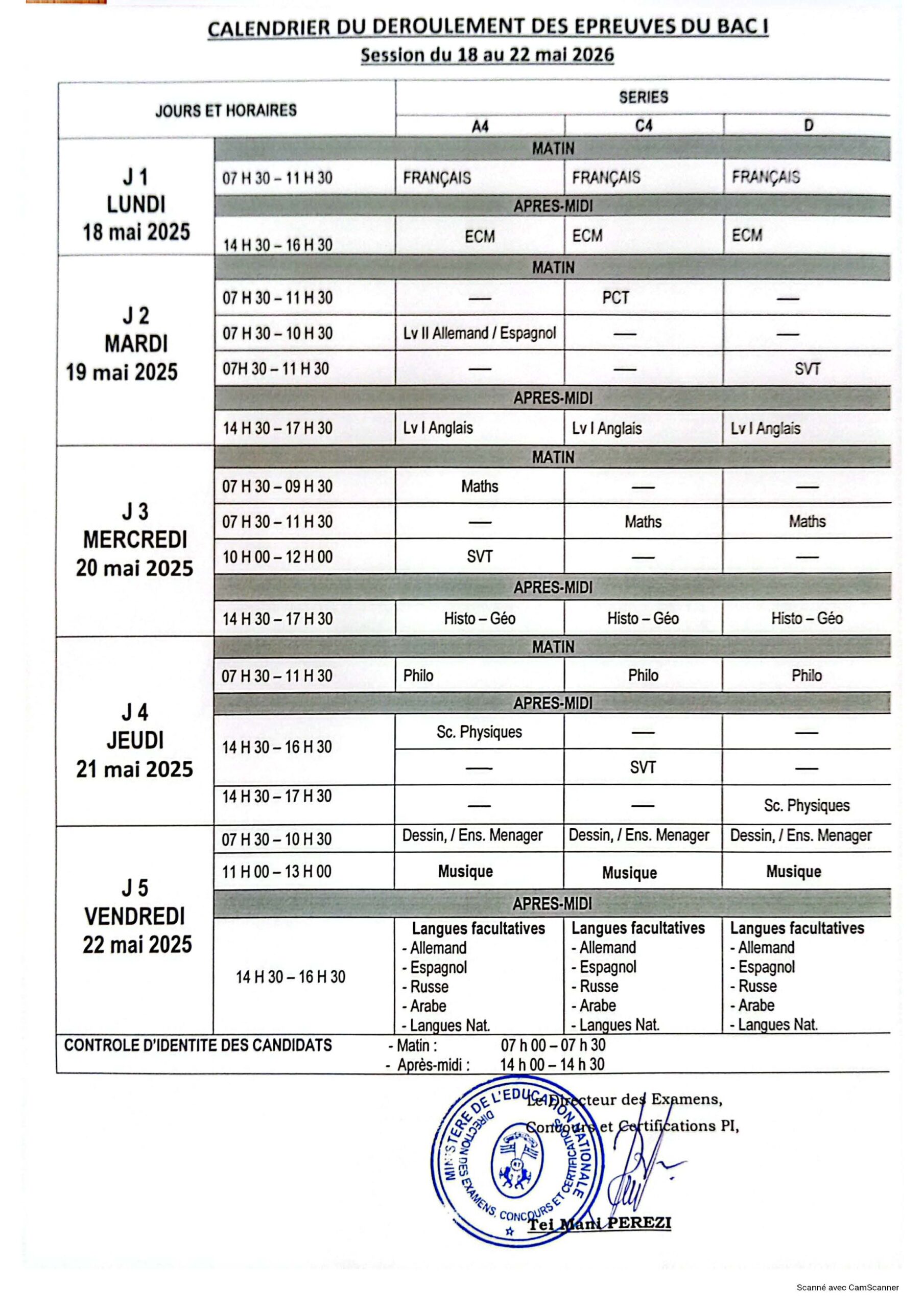 calendrier ou l'emploi du temps des épreuves du BAC 1 2026 