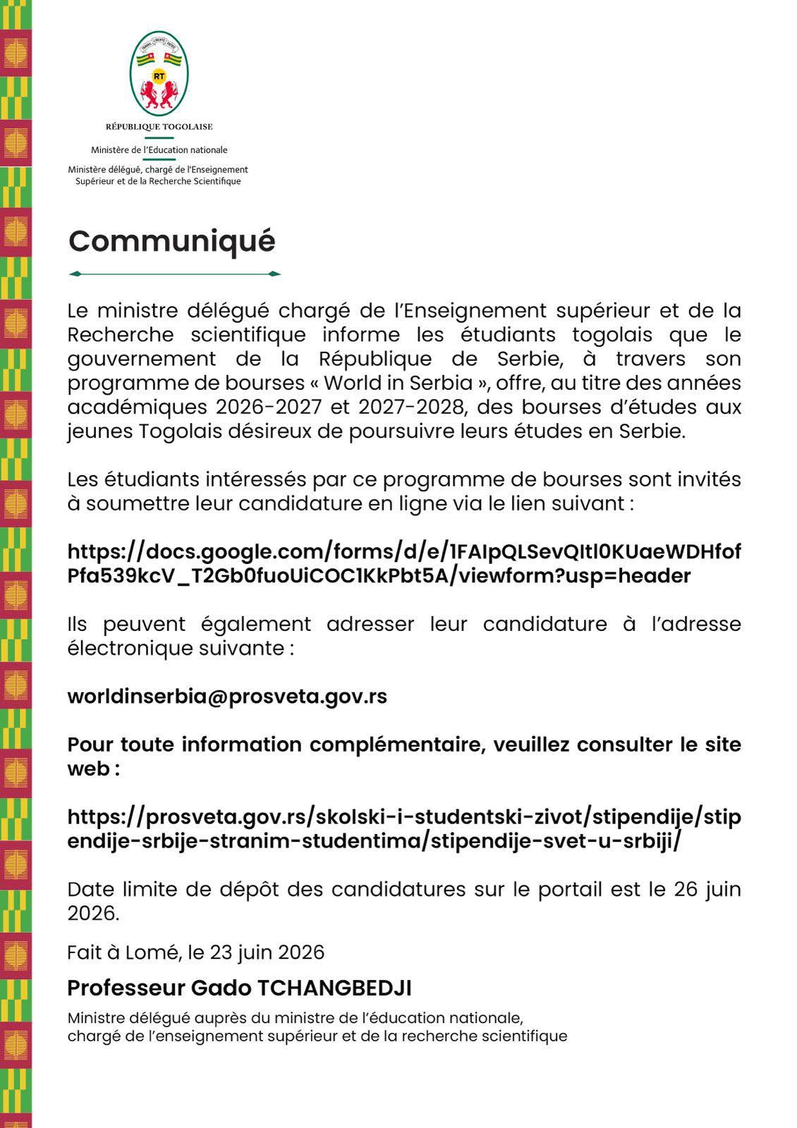Appel à candidatures pour des bourses d’études en Serbie