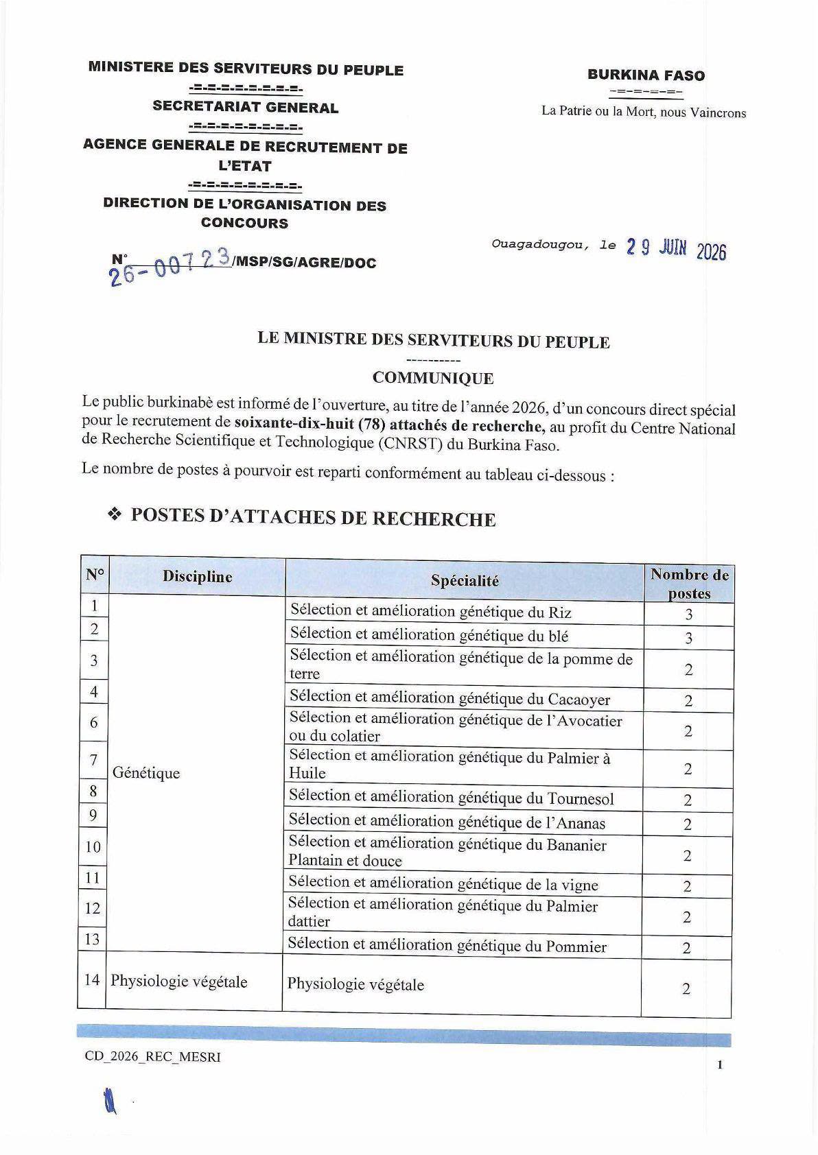 Burkina Faso concours de recrutement de soixante-dix-huit (78) attachés de recherche