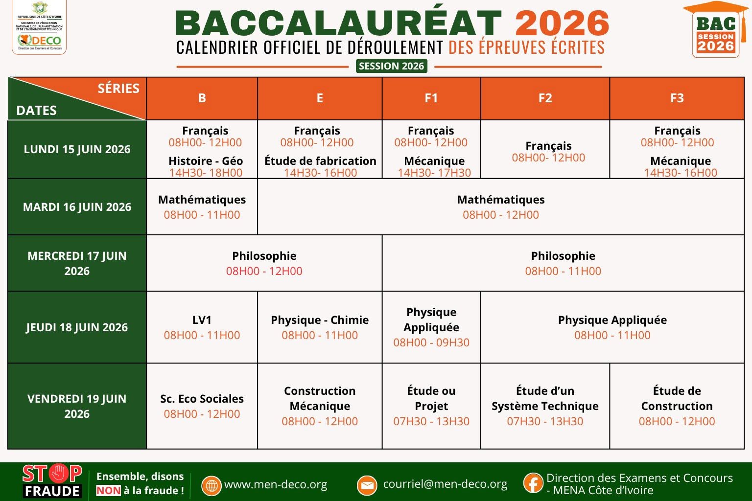 Côte d’Ivoire BAC 2026 voici le calendrier de déroulement des épreuves écrites