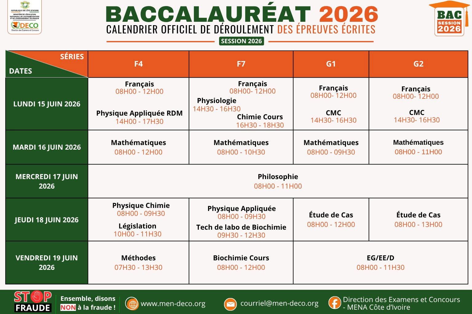 Côte d’Ivoire BAC 2026 voici le calendrier de déroulement des épreuves écrites