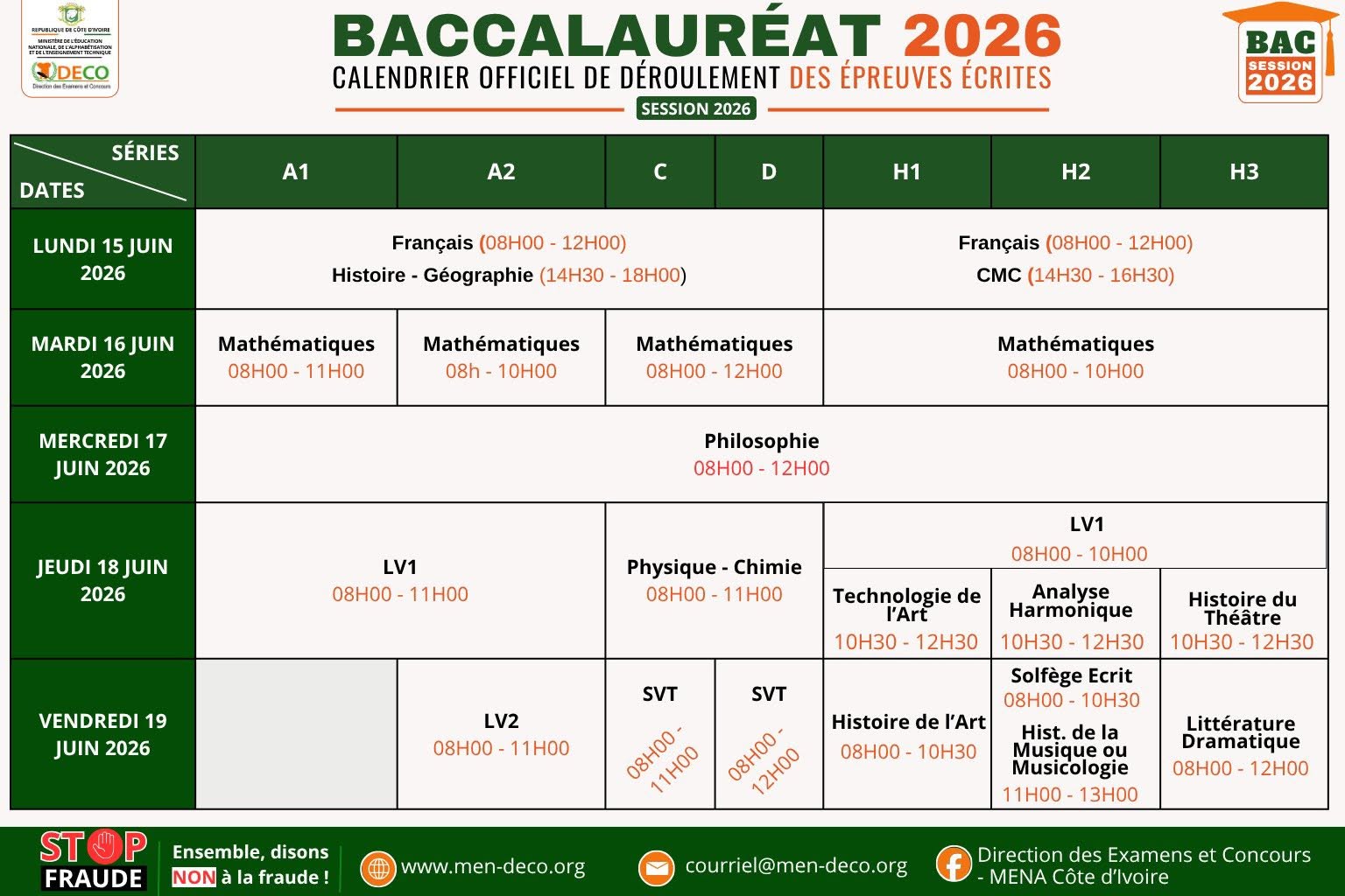 Côte d’Ivoire BAC 2026 voici le calendrier de déroulement des épreuves écrites