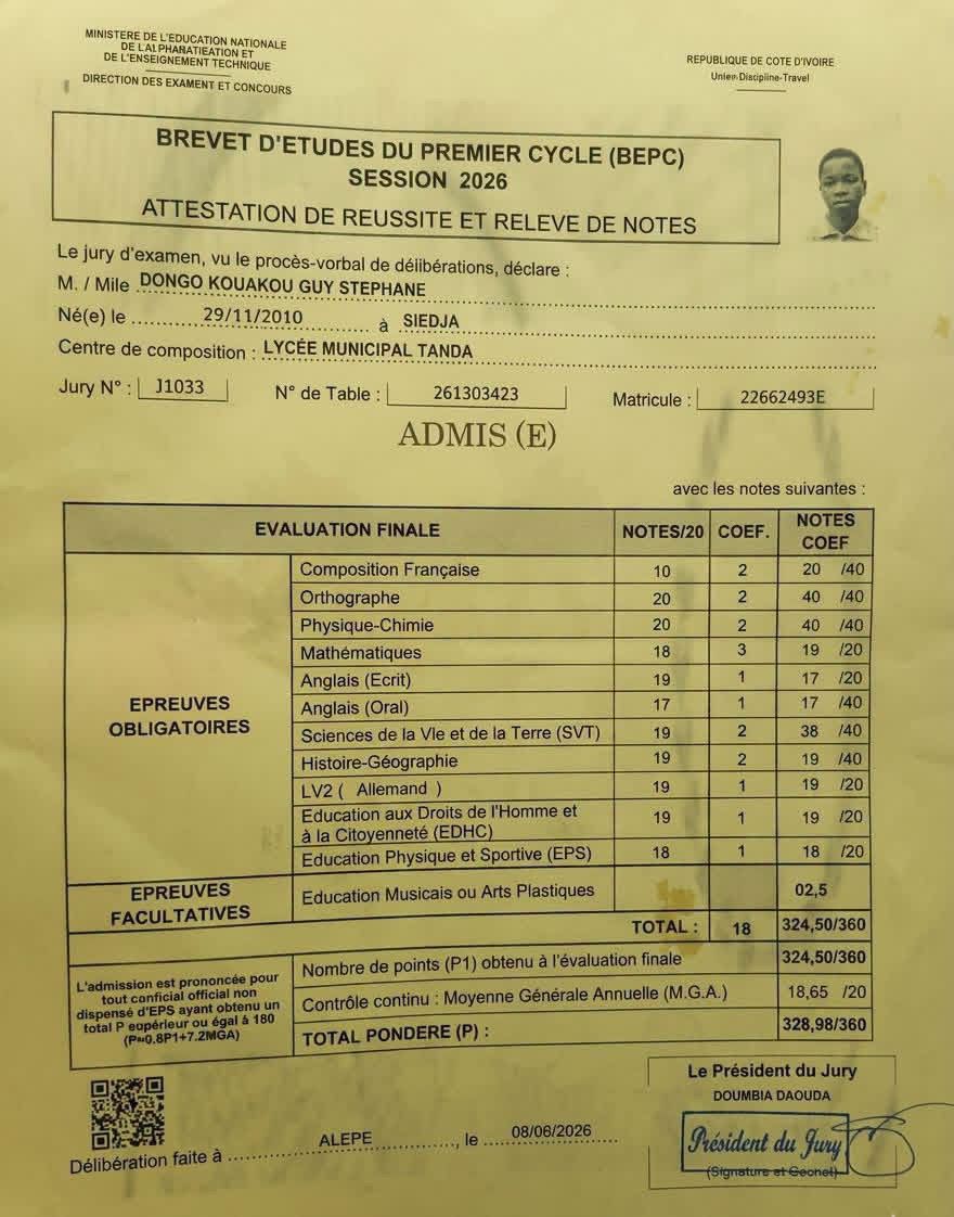 BEPC 2026 Résultats Côte d'Ivoire