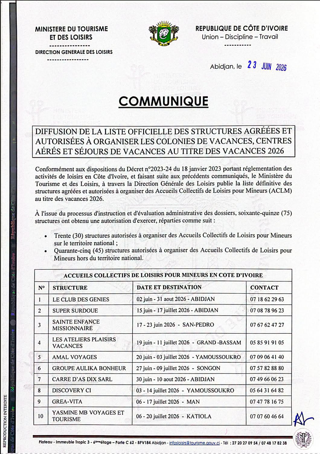 Côte d’Ivoire : colonies de vacances, voici les structures autorisées