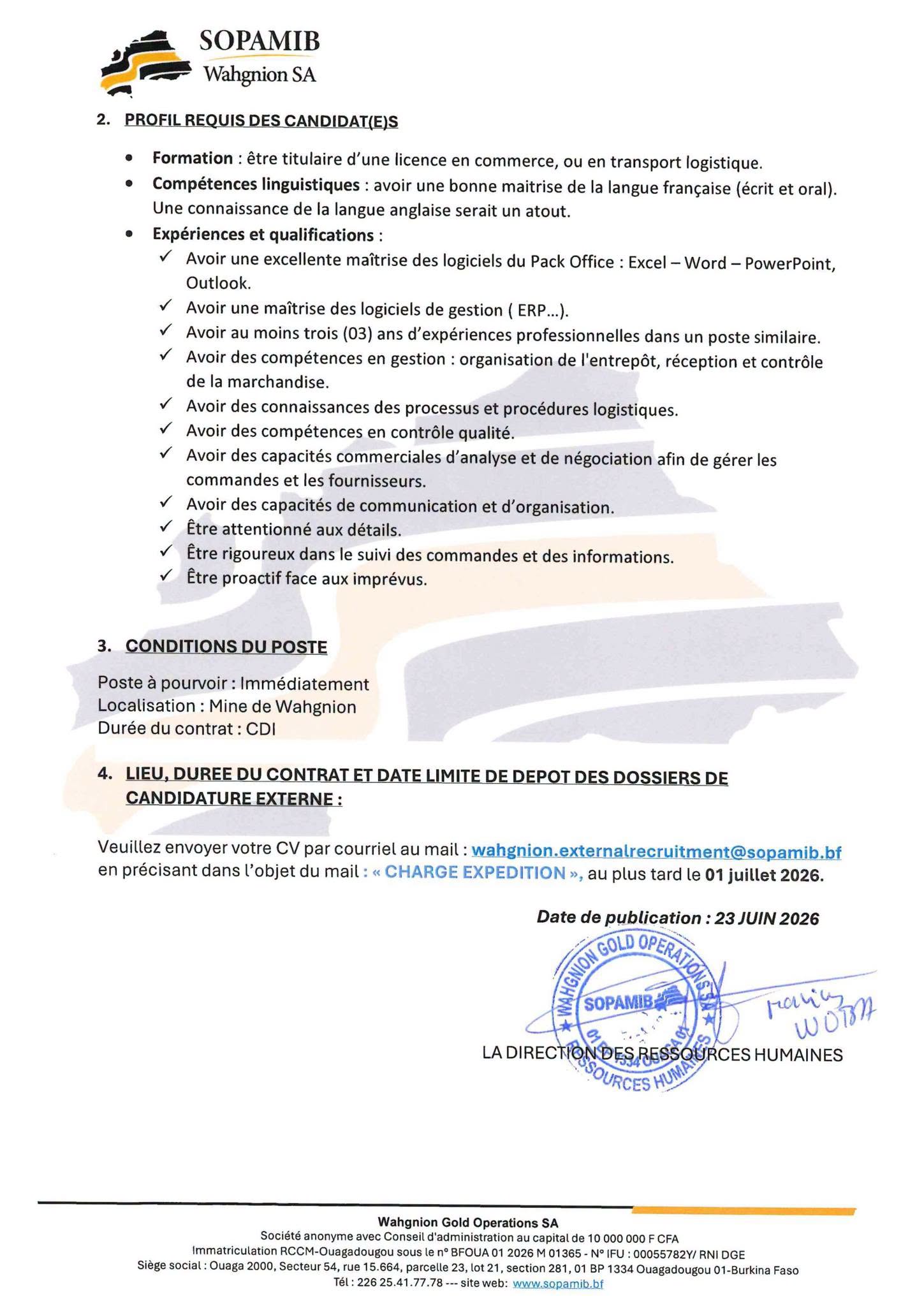La Société de Participation Minière du Burkina Faso (SOPAMIB) recrute du personnel (24 juin 2026)