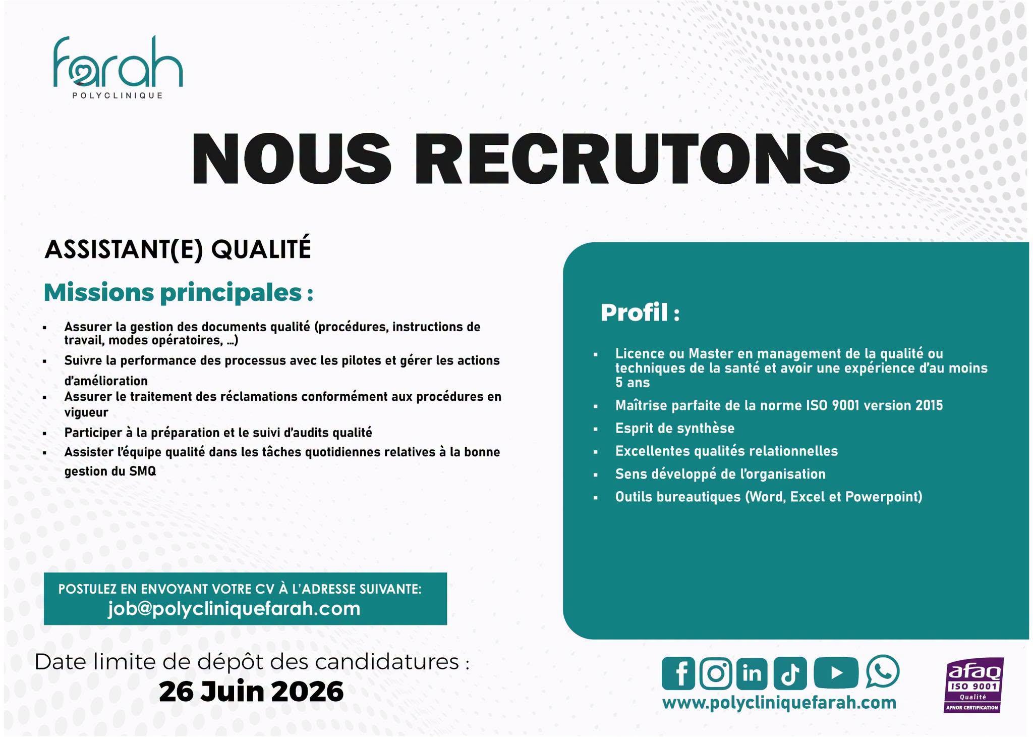 La polyclinique Farah recrute à nouveau (19 juin 2026)