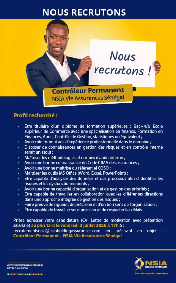 Le Groupe NSIA recrute (26 juin 2026)