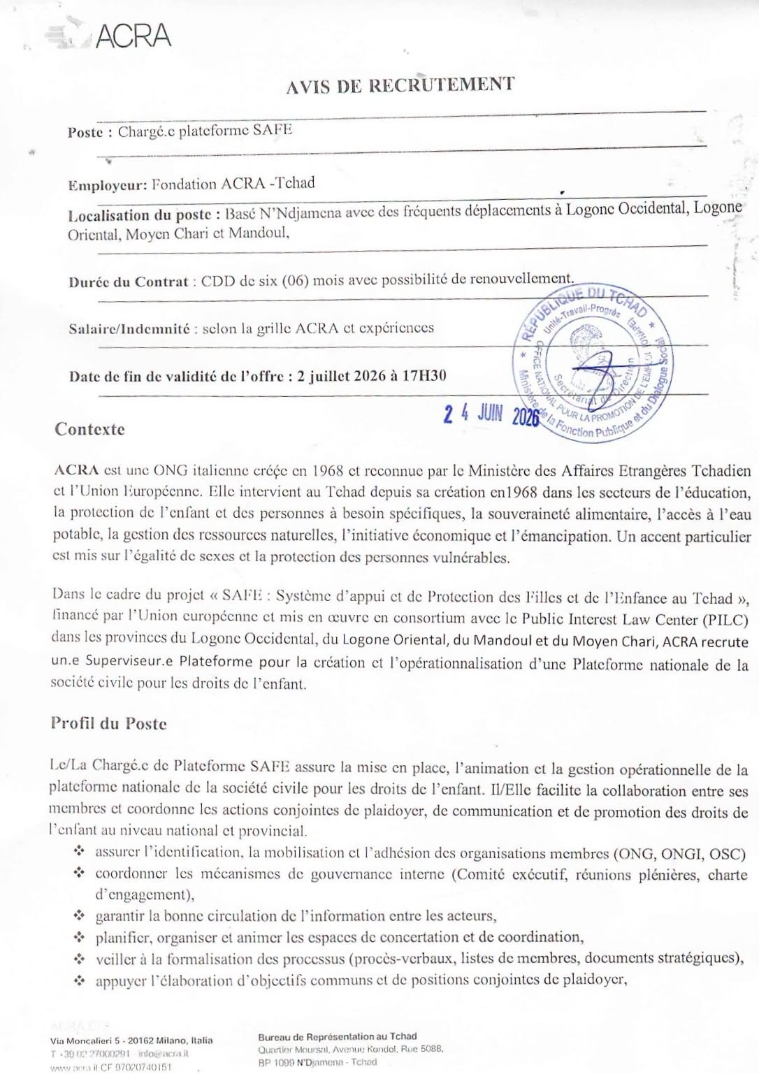 Nouveau recrutement à la FONDATION ACRA (24 juin 2026)