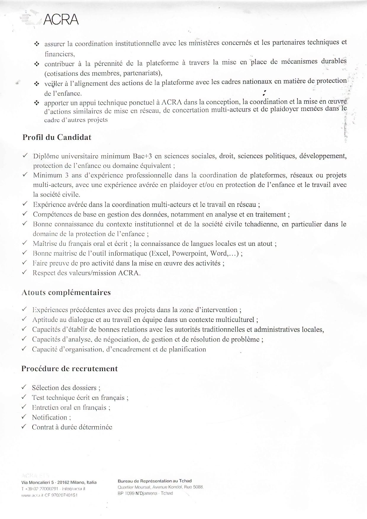 Nouveau recrutement à la FONDATION ACRA (24 juin 2026)