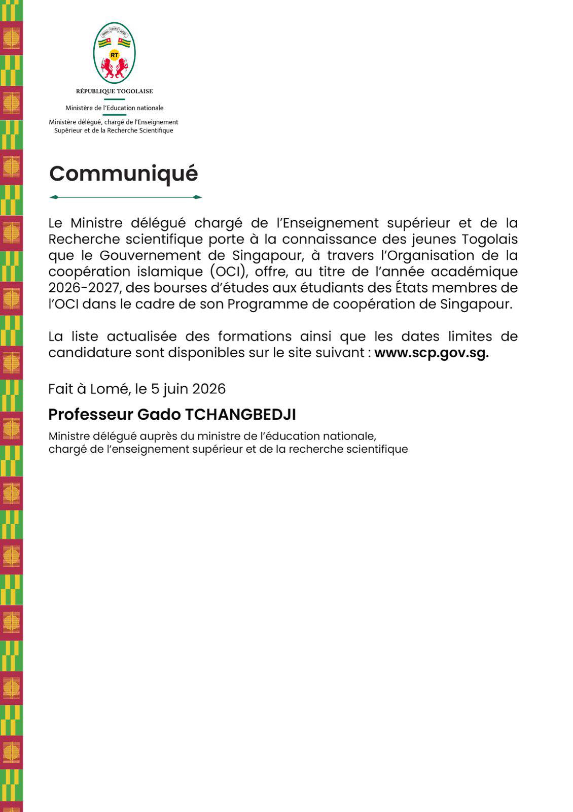 Opportunité de bourses d’études à Singapour 2026-2027