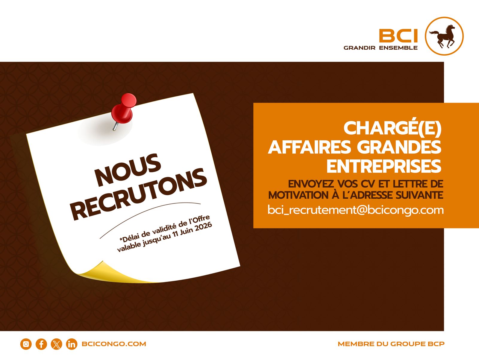 Recrutement à la BCI, la Banque commerciale Internationale (01 juin 2026)
