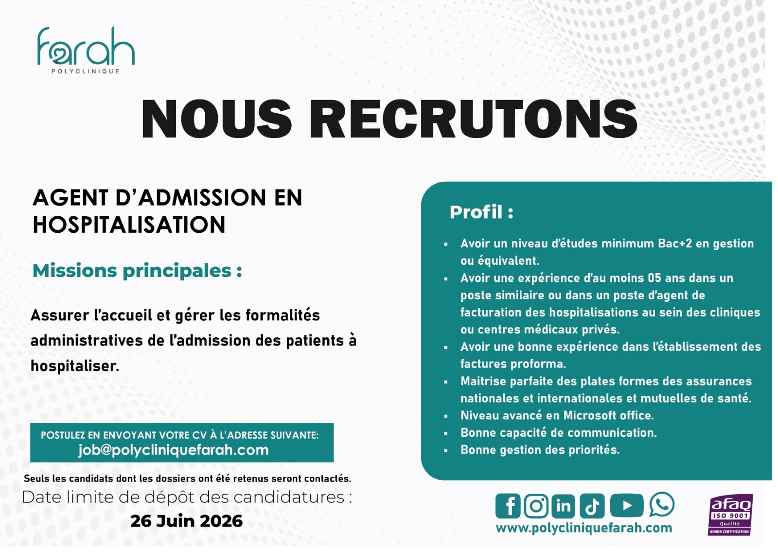 Recrutement à la Polyclinique Farah (08 juin 2026)