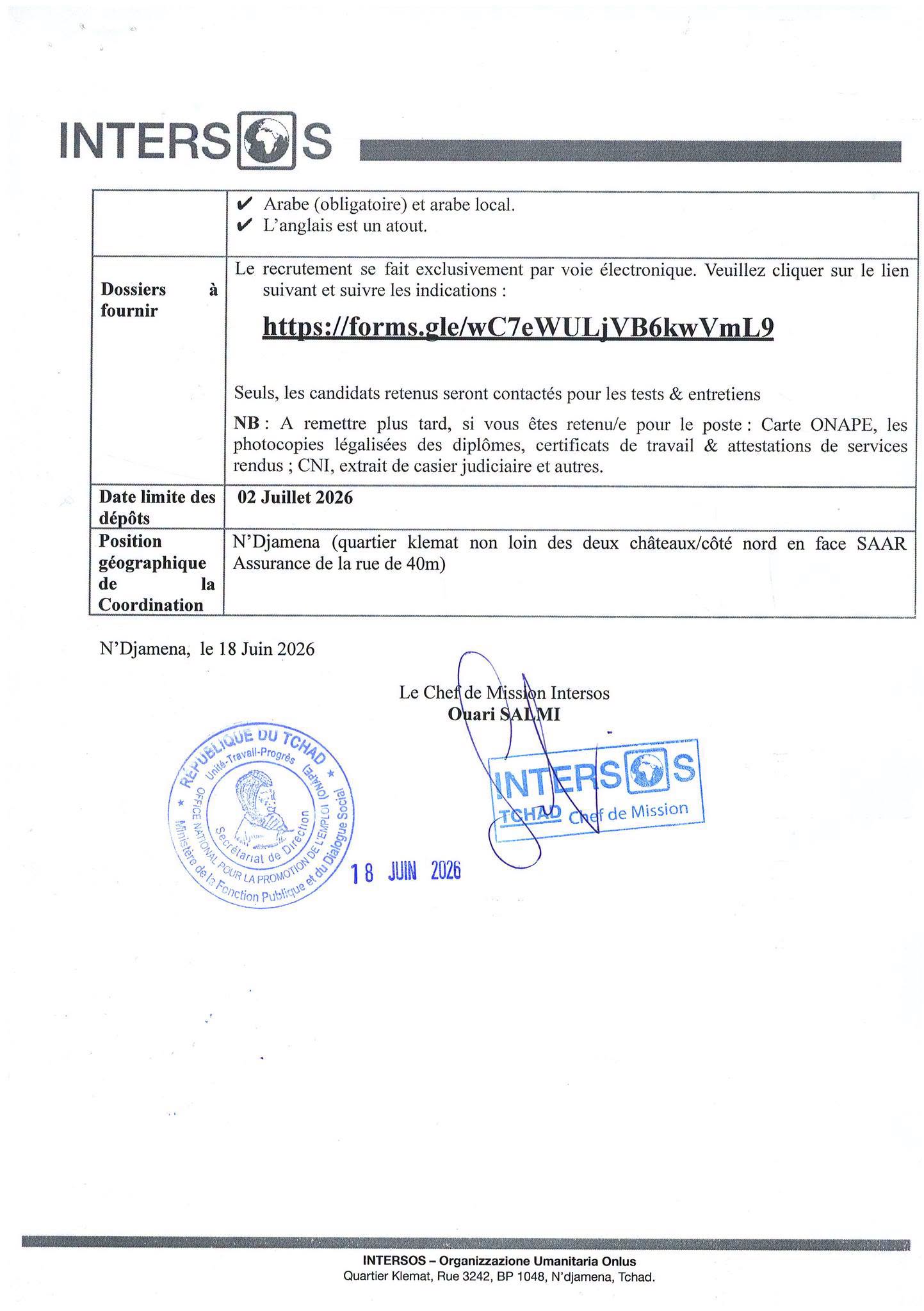 Recrutement lancé à l'Organisation humanitaire INTERSOS (22 juin 2026)