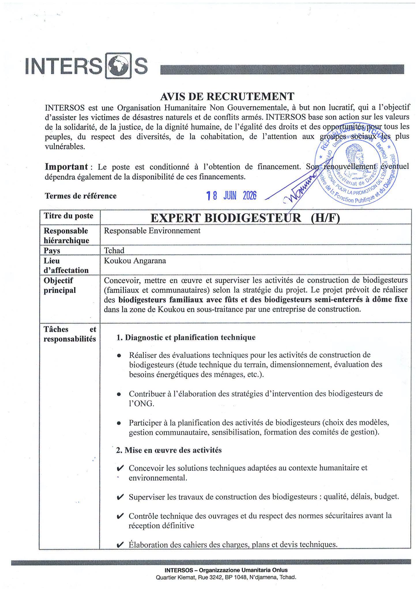 Recrutement lancé à l'Organisation humanitaire INTERSOS (22 juin 2026)