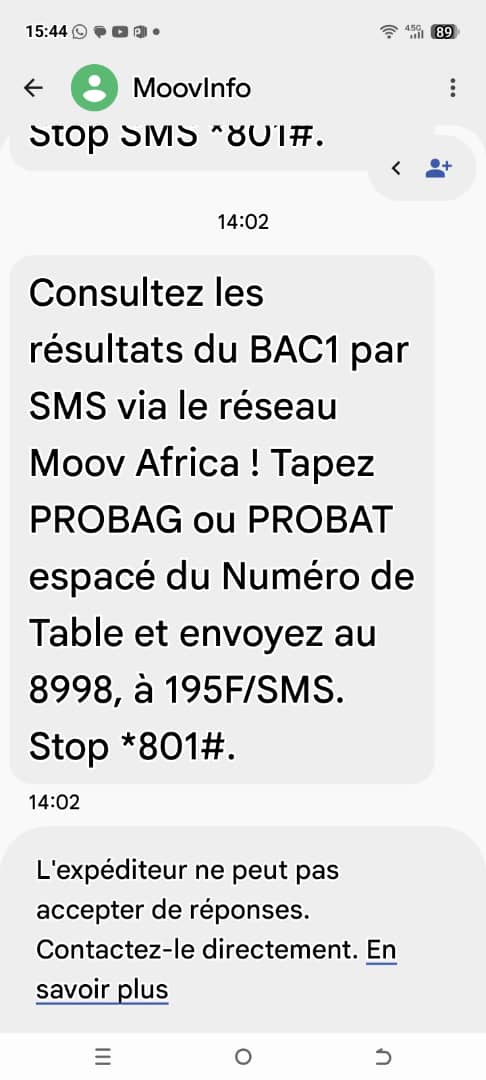 SMS venant de moov