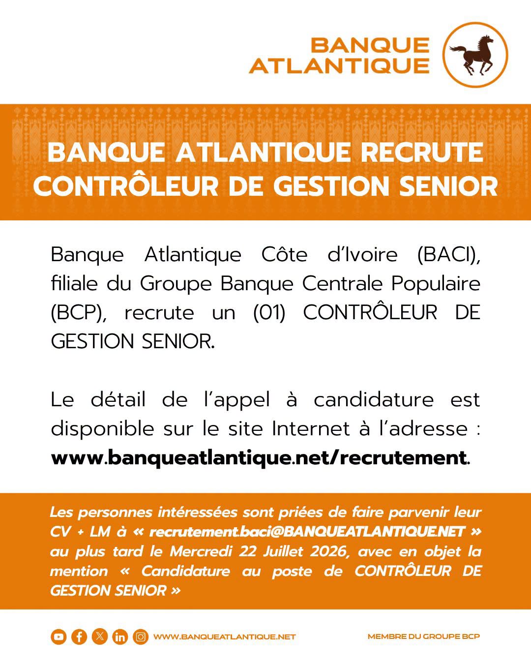 BANQUE ATLANTIQUE RECRUTE (14 juillet 2026)