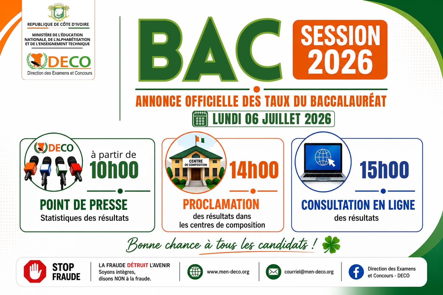 Côte d’Ivoire DECO annonce officielle des résultats du BAC 2026