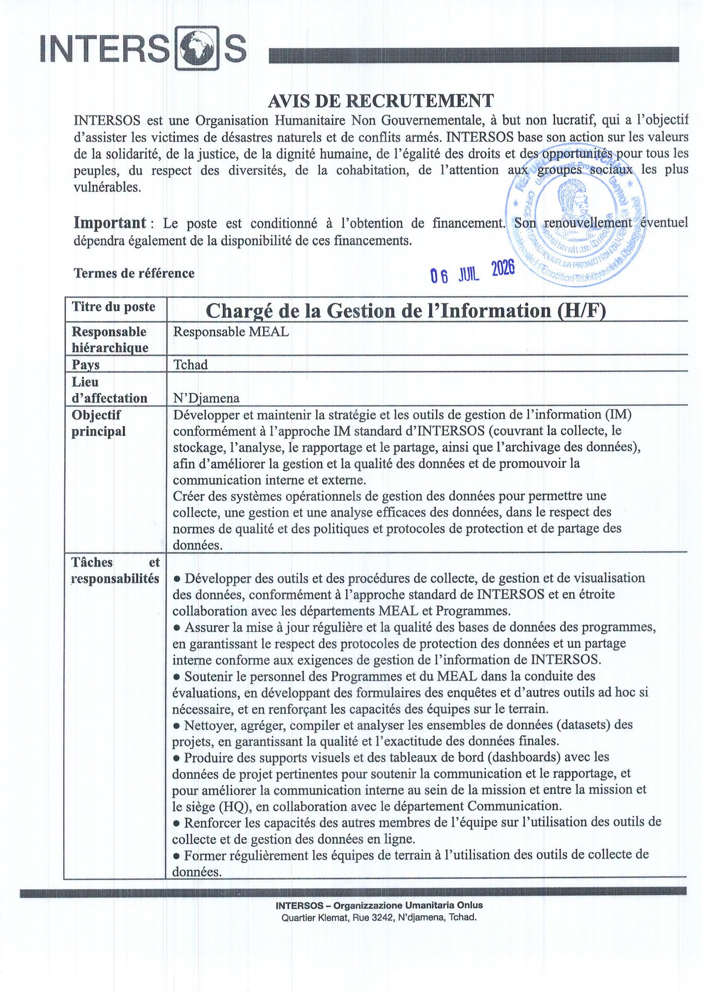 L'ONG INTERSOS RECRUTE (06 juillet 2026)