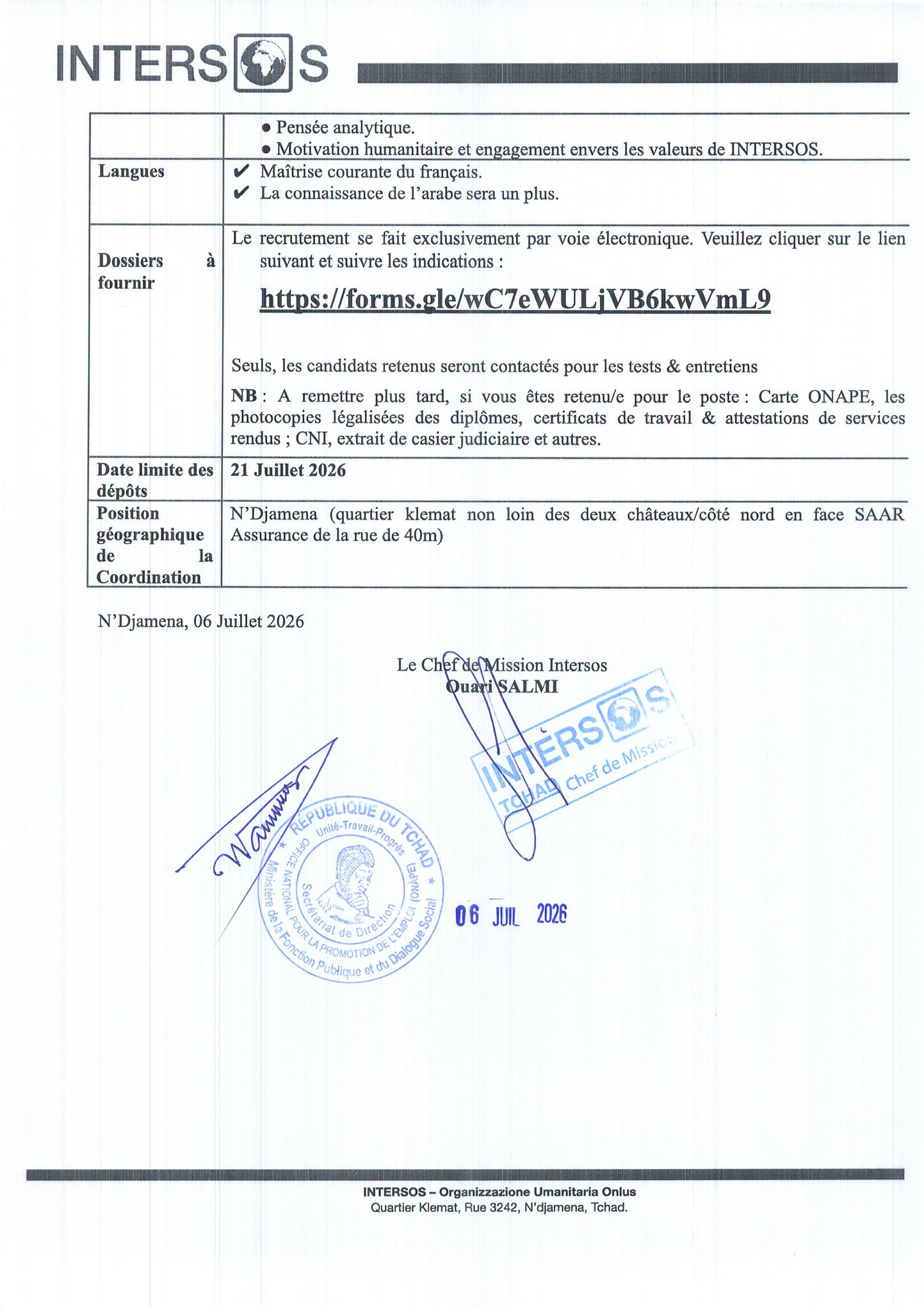 L'ONG INTERSOS RECRUTE (06 juillet 2026)