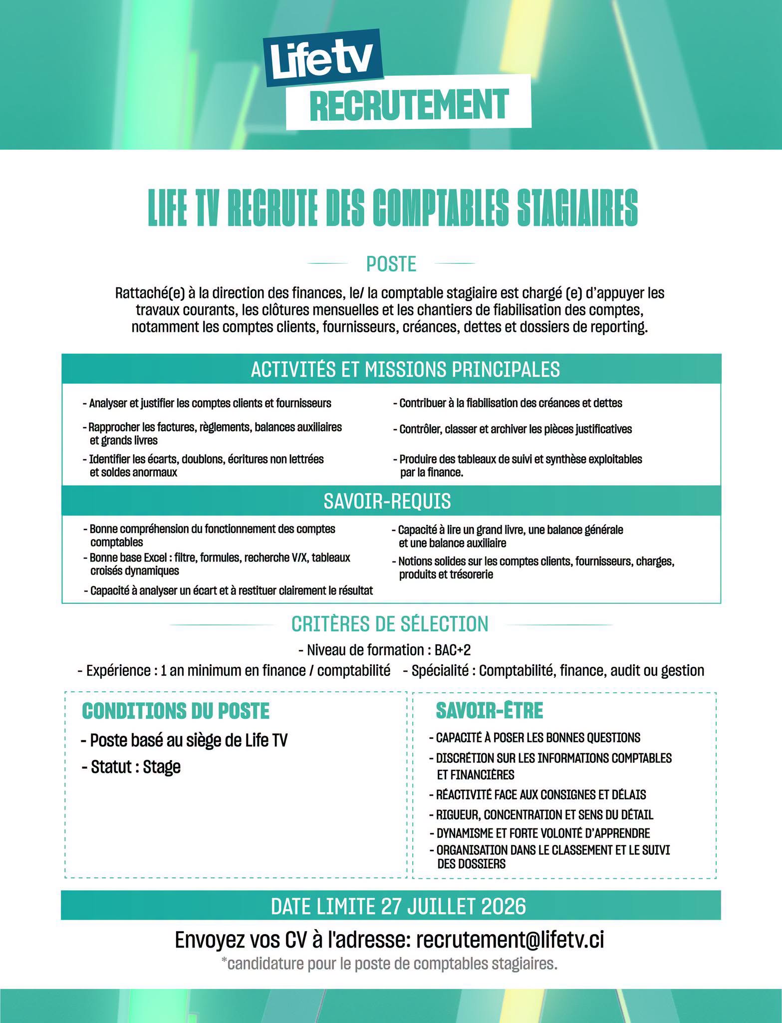 Life TV recrute des stagiaires 21 juillet 2026