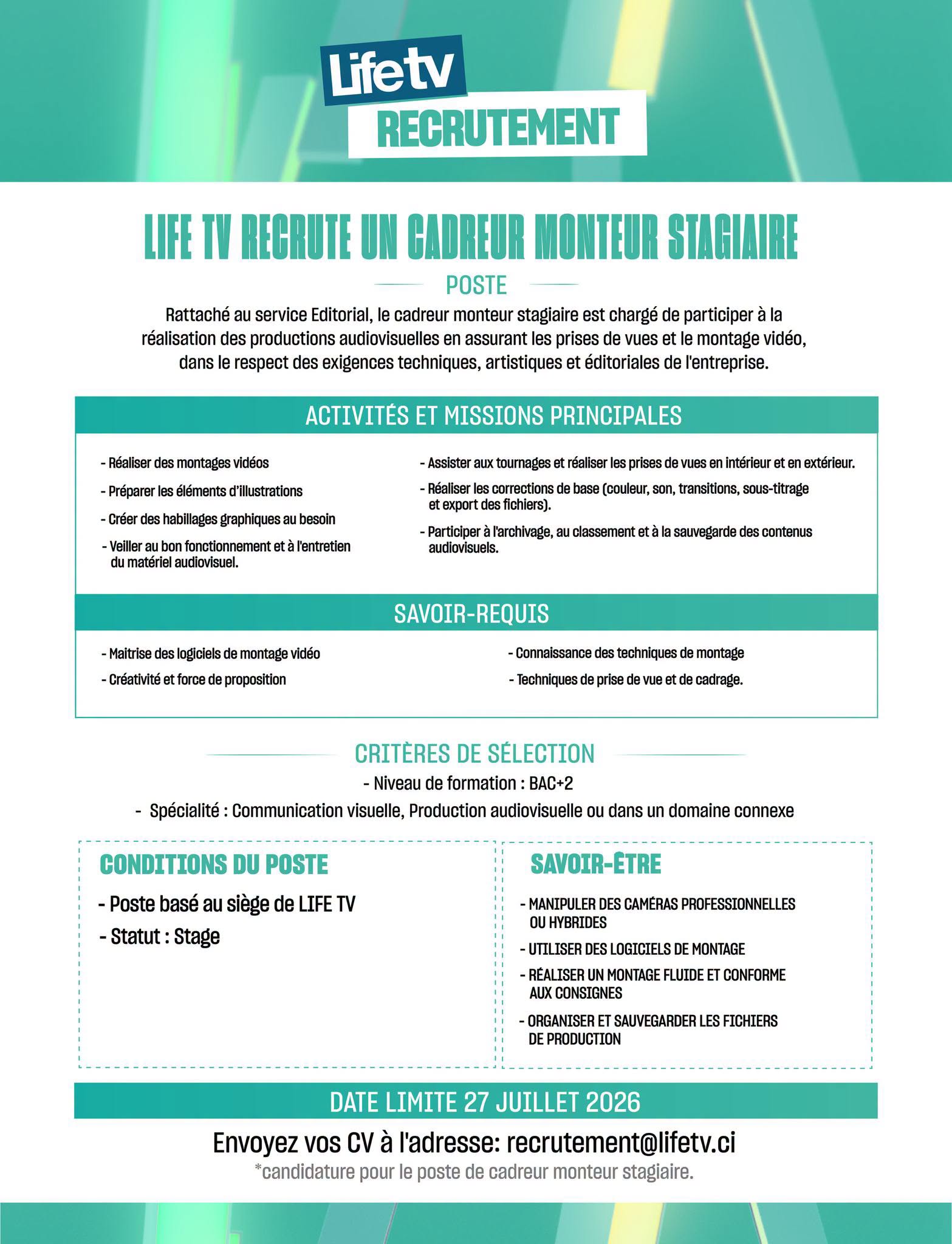 Life TV recrute des stagiaires 21 juillet 2026