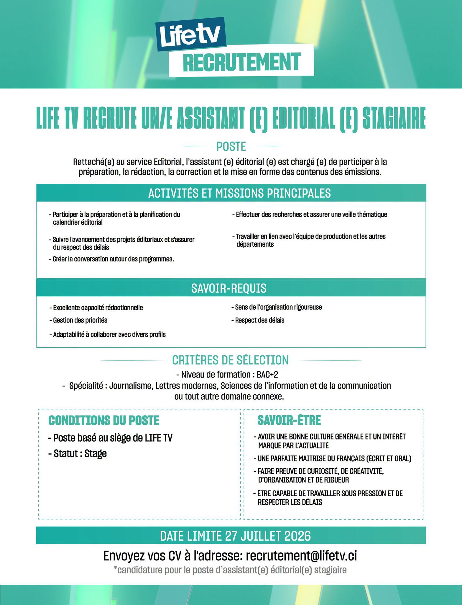 Life TV recrute des stagiaires 21 juillet 2026