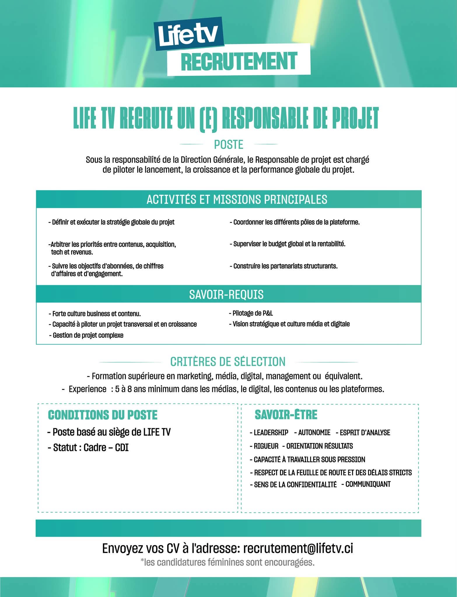 Life TV recrute pour ces postes (09 juillet 2026)