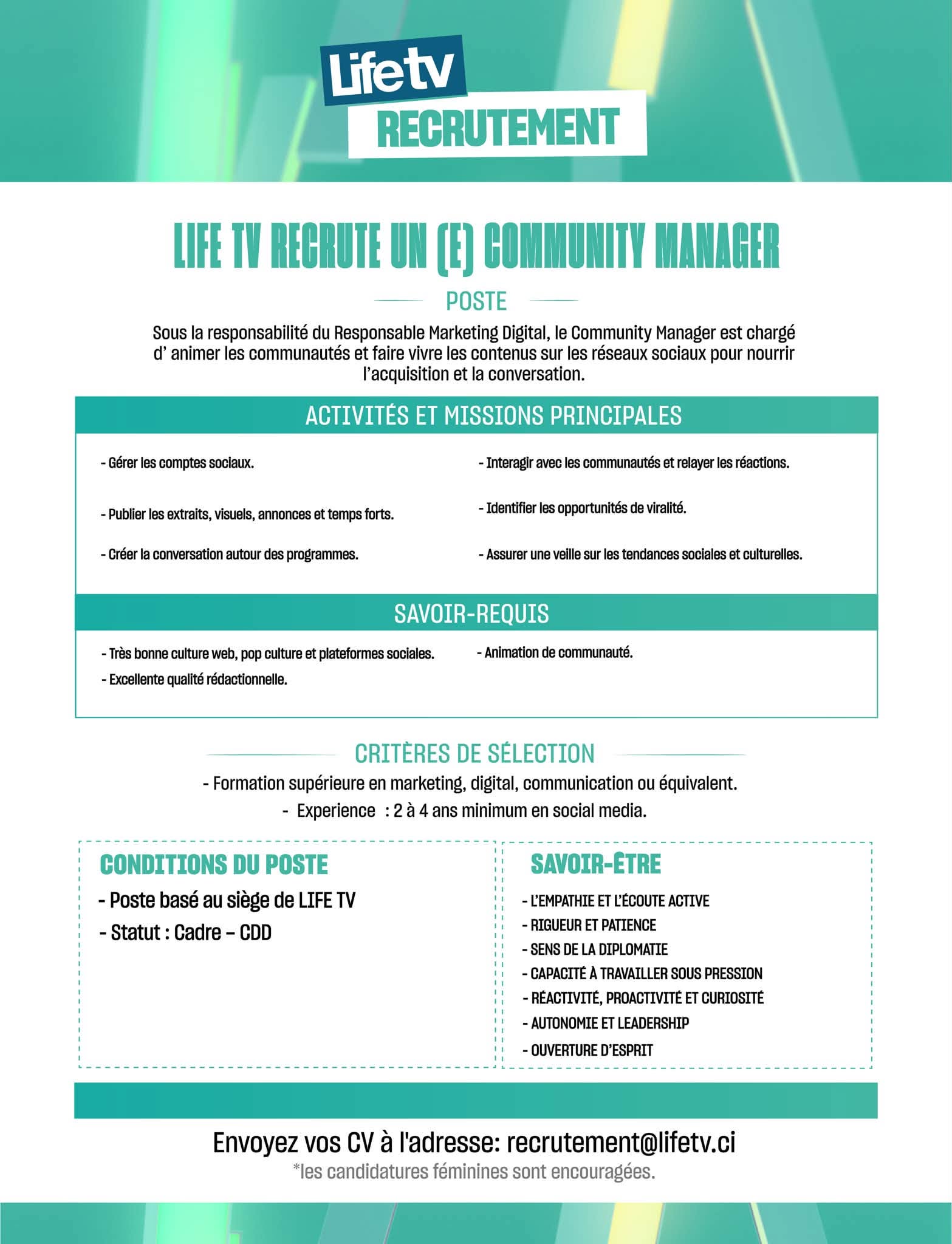 Life TV recrute pour ces postes (09 juillet 2026)