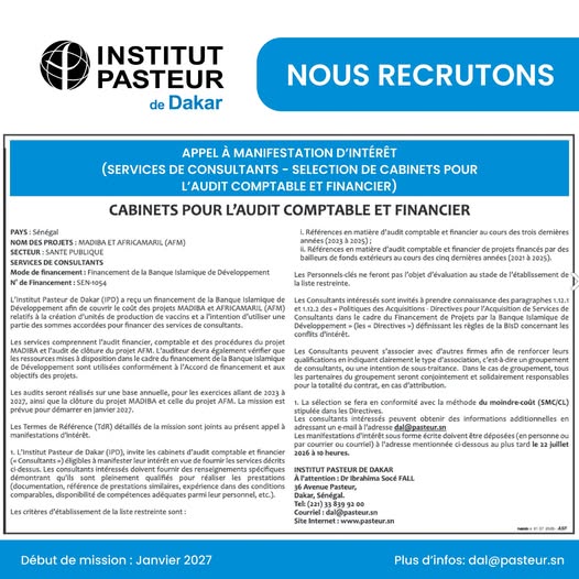 Recrutement à l'Institut Pasteur de Dakar (04 juillet 2026)