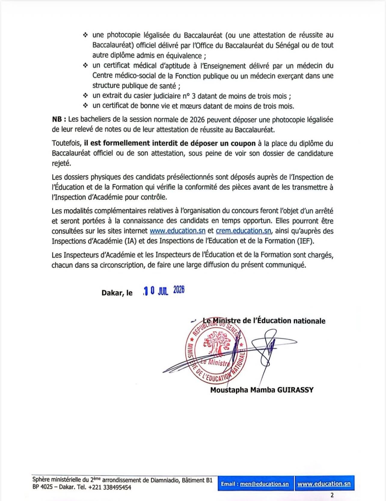 Sénégal : ouverture du concours de recrutement d’élèves-maîtres (CREM), session 2026/2027