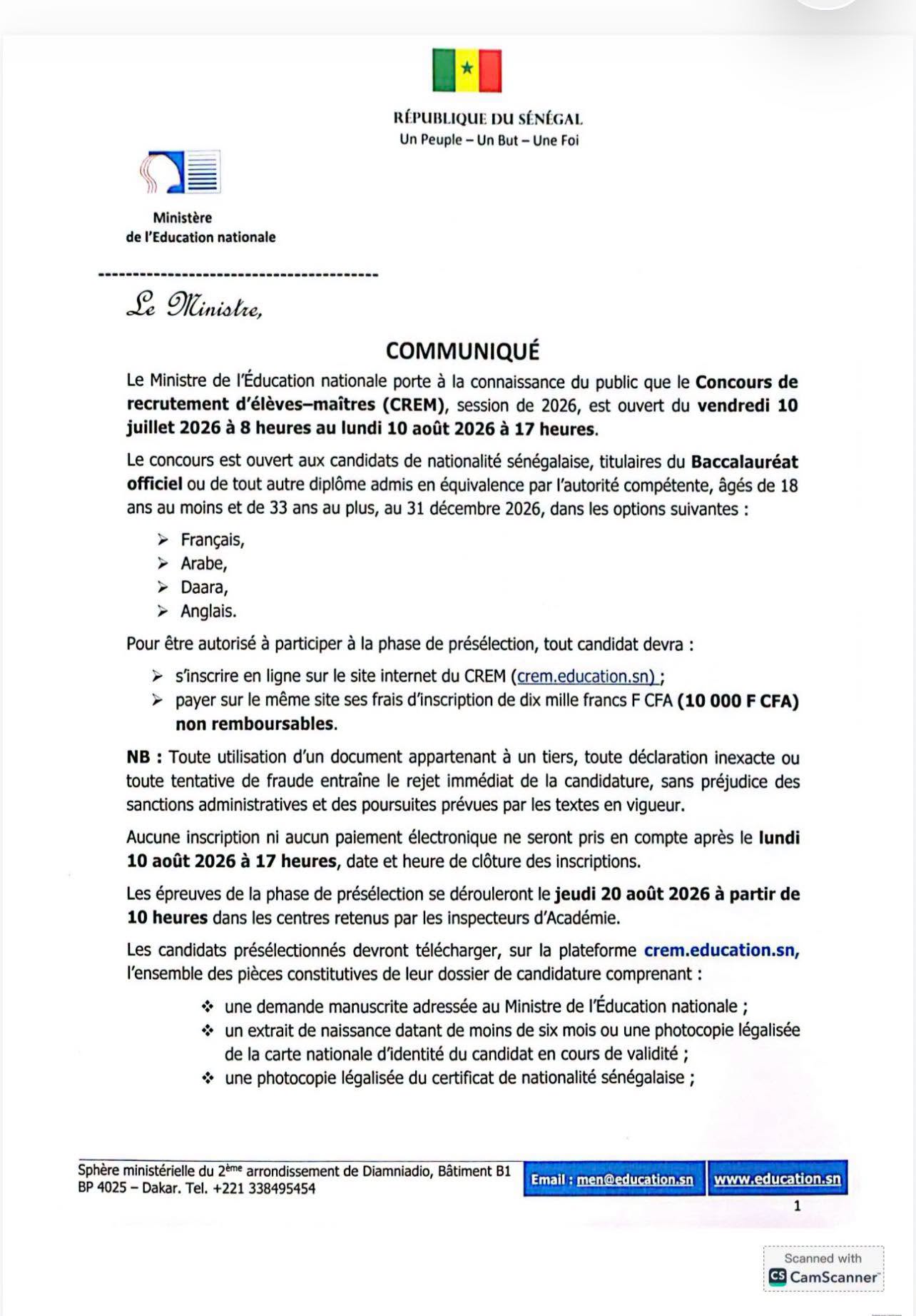 Sénégal : ouverture du concours de recrutement d’élèves-maîtres (CREM), session 2026/2027