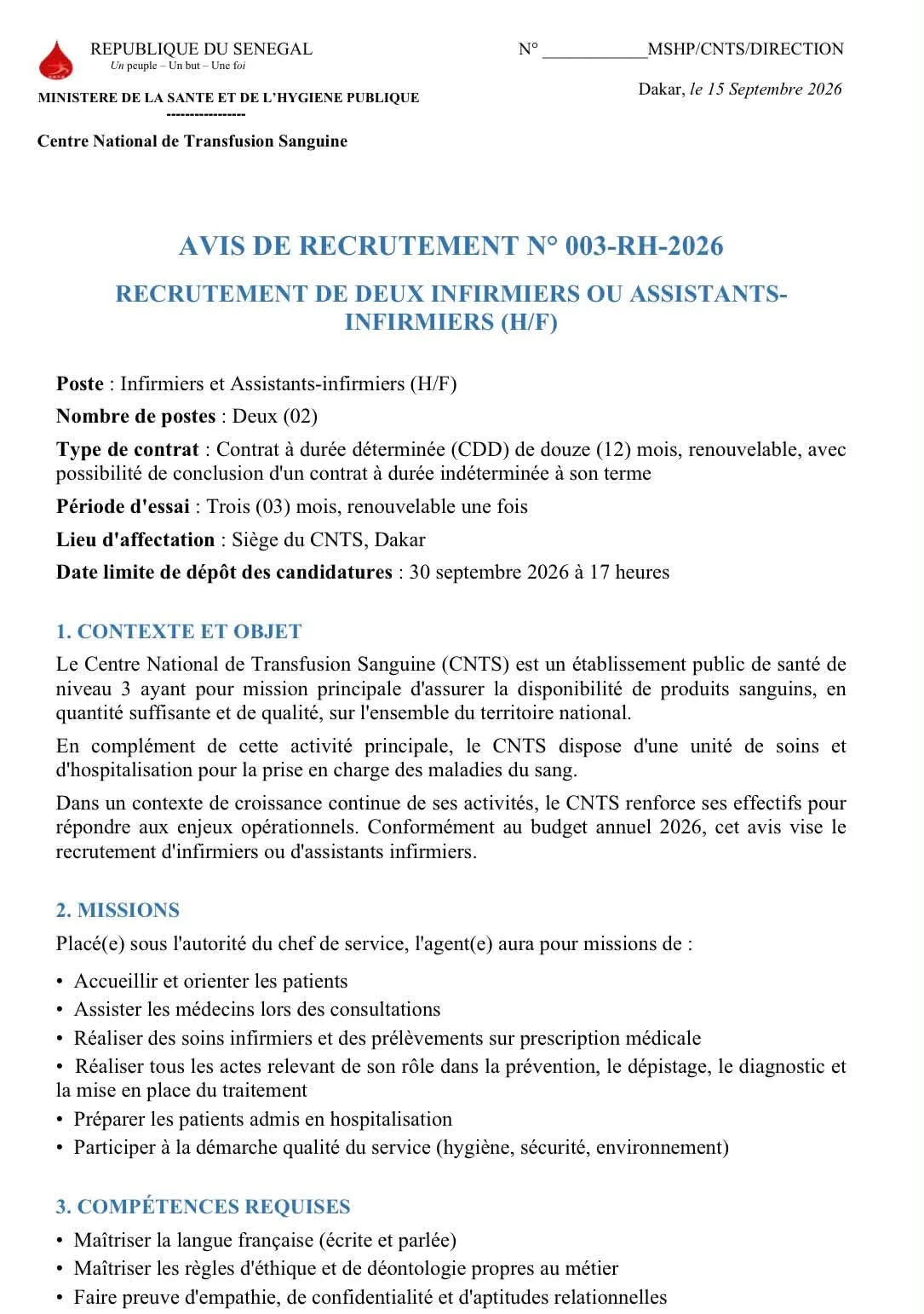Appel à candidatures pour un recrutement au CNTS 20 septembre 2026