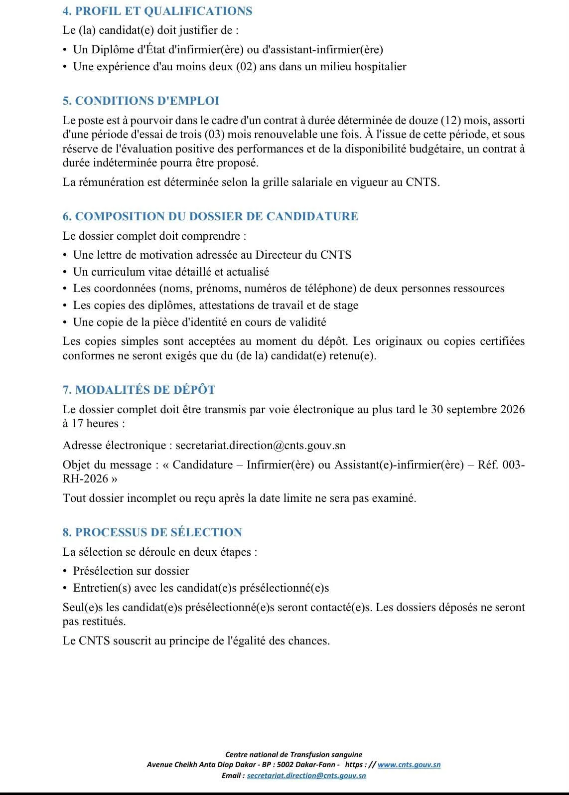 Appel à candidatures pour un recrutement au CNTS 20 septembre 2026