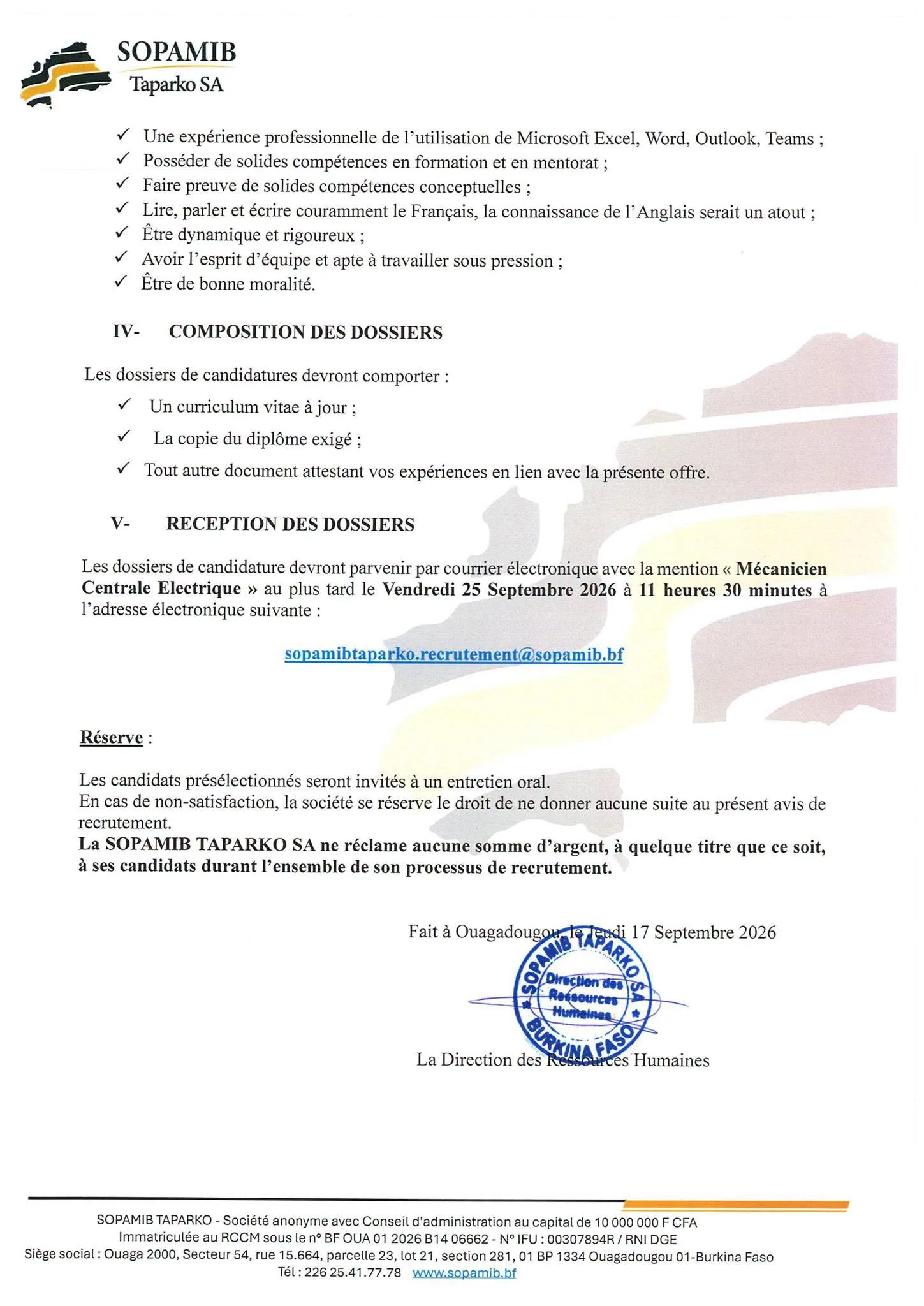 Avis de recrutement à la SOPAMIB 21 septembre 2026