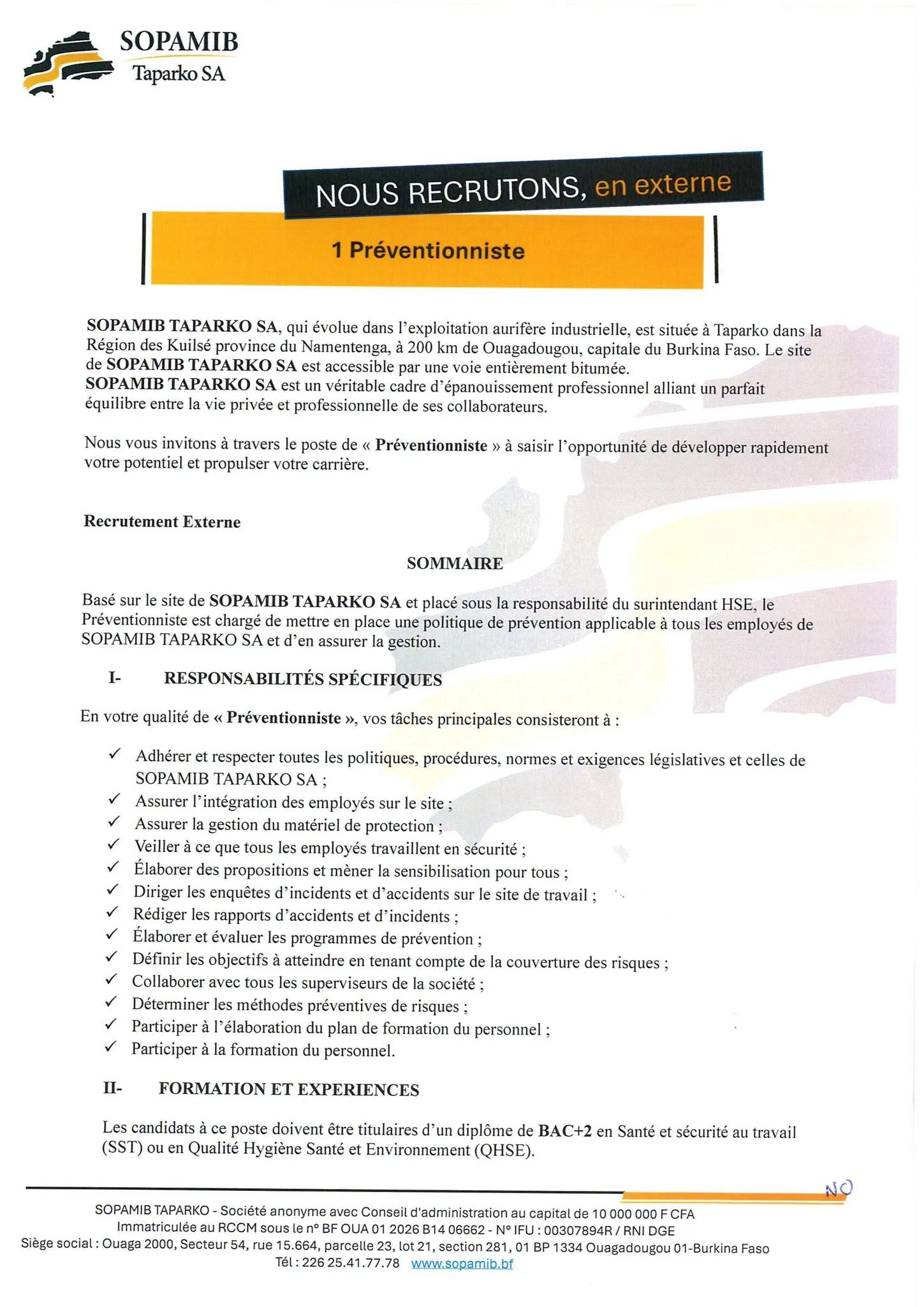 Avis de recrutement à la SOPAMIB 21 septembre 2026