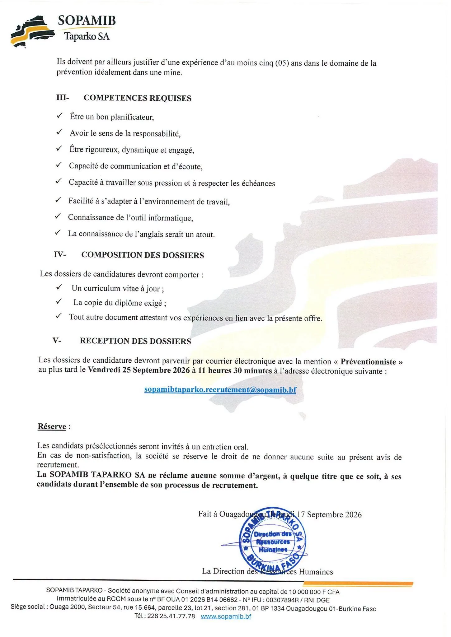 Avis de recrutement à la SOPAMIB 21 septembre 2026