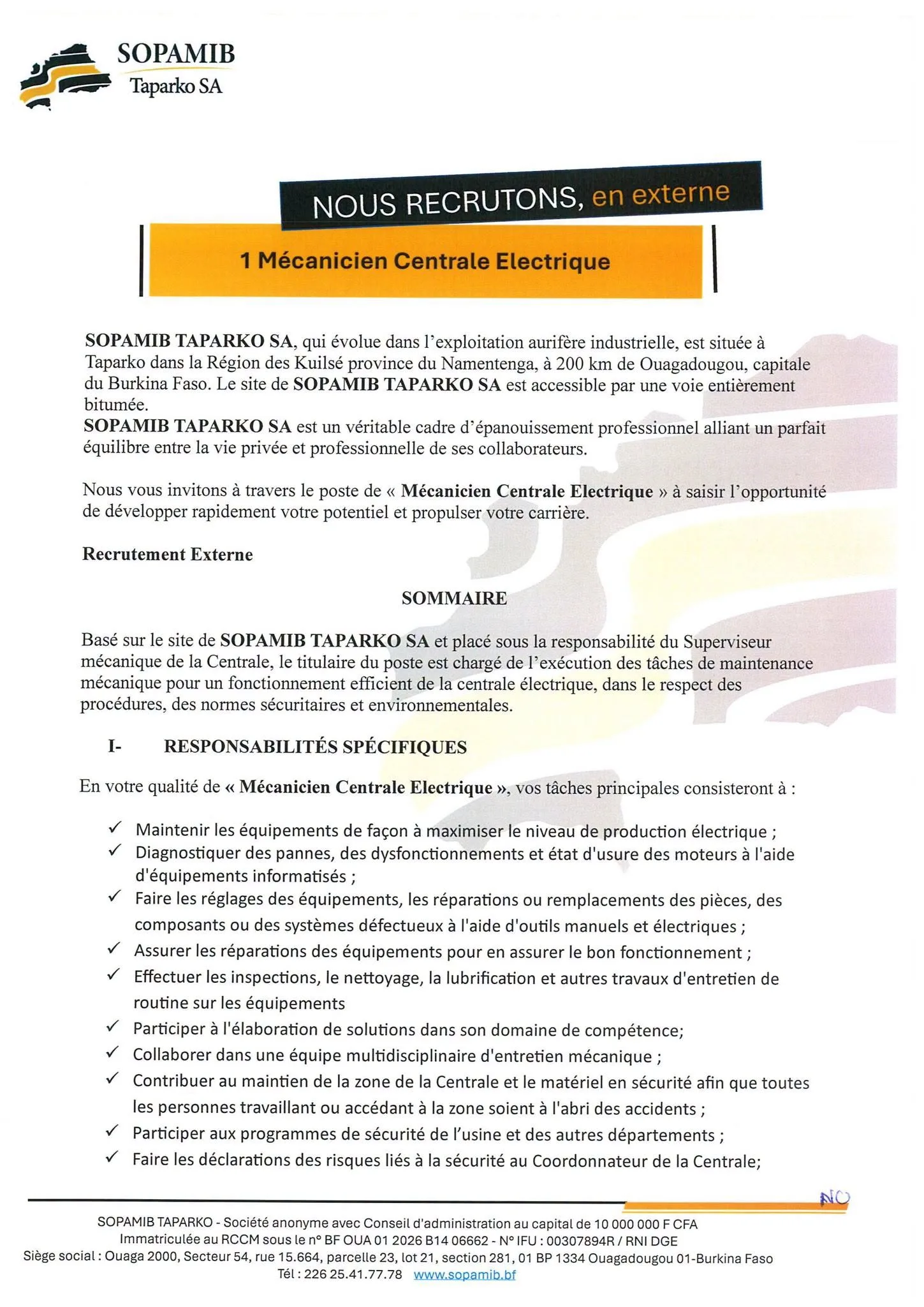 Avis de recrutement à la SOPAMIB 21 septembre 2026