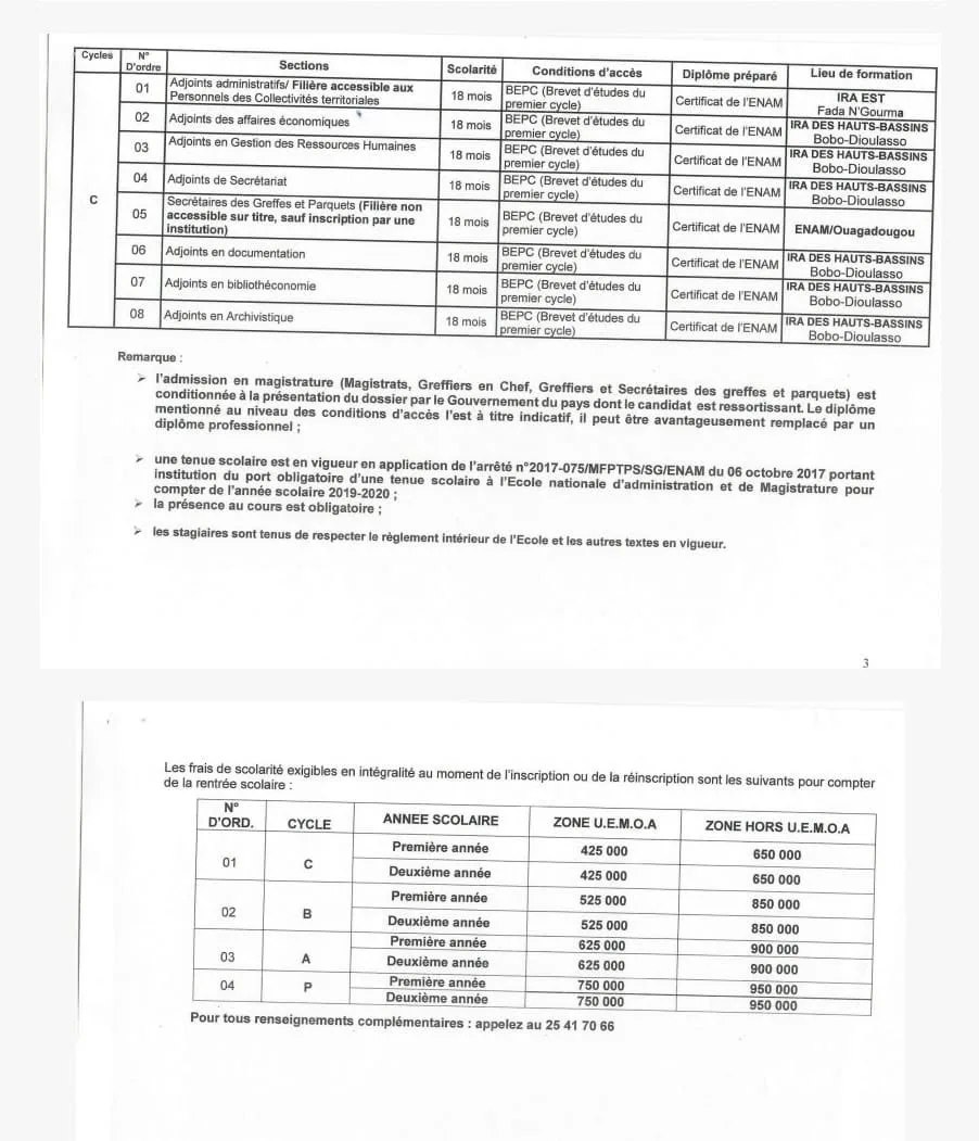 Burkina-Faso ENAM 2e session de recrutement d’inscrits sur titre pour complément d’effectif dans ses différentes filières de formation
