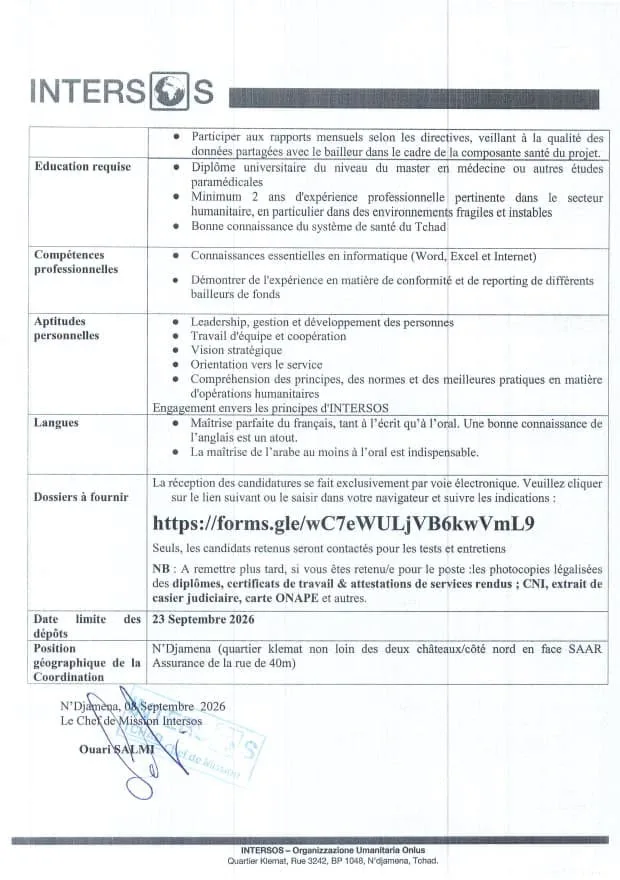 Intersos recrute 09 septembre 2026
