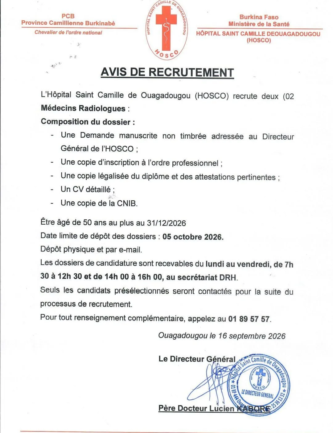 L’Hôpital Saint Camille de Ouagadougou (HOSCO) recrute 18 septembre 2026