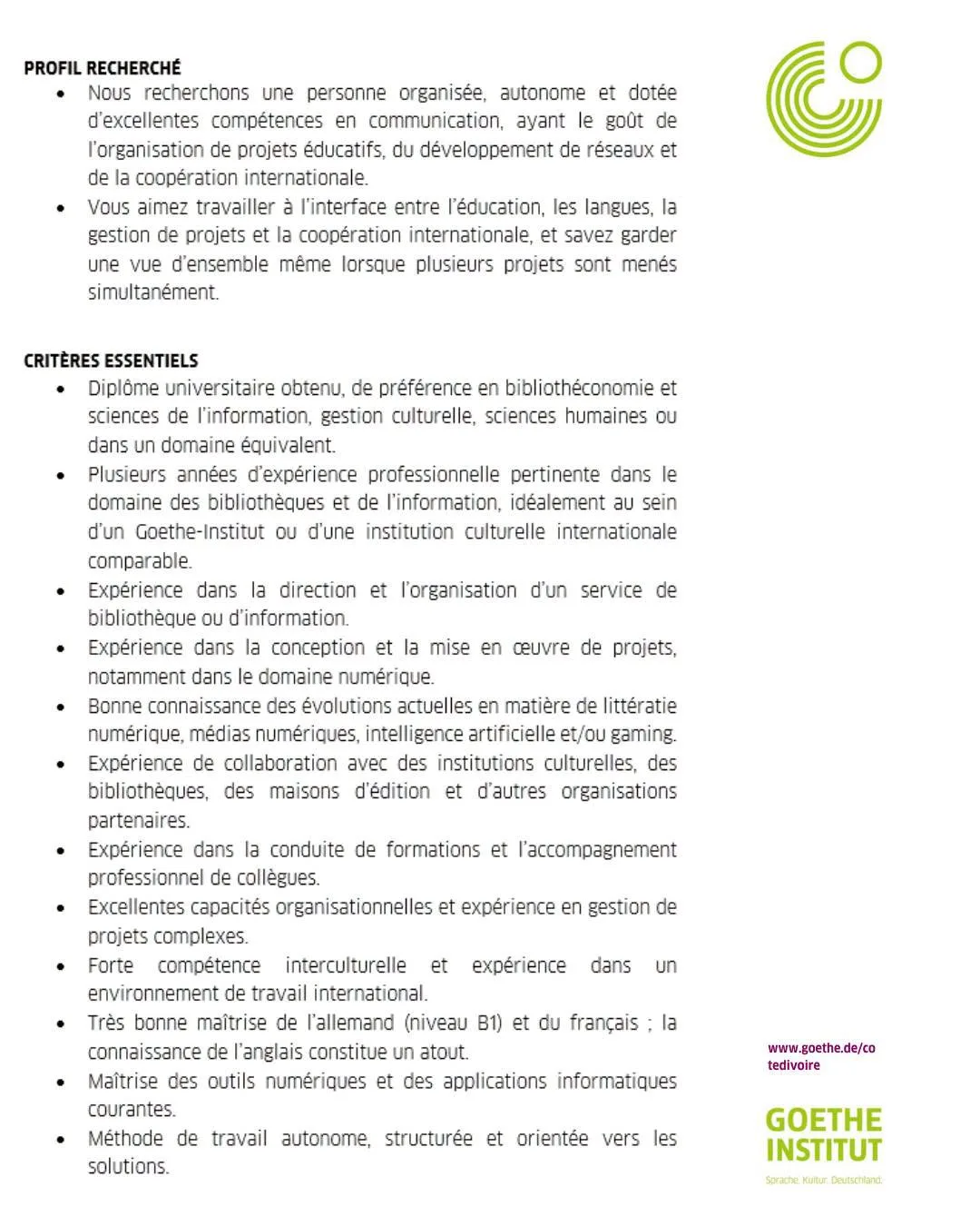 Le Goethe-Institut recrute 22 septembre 2026