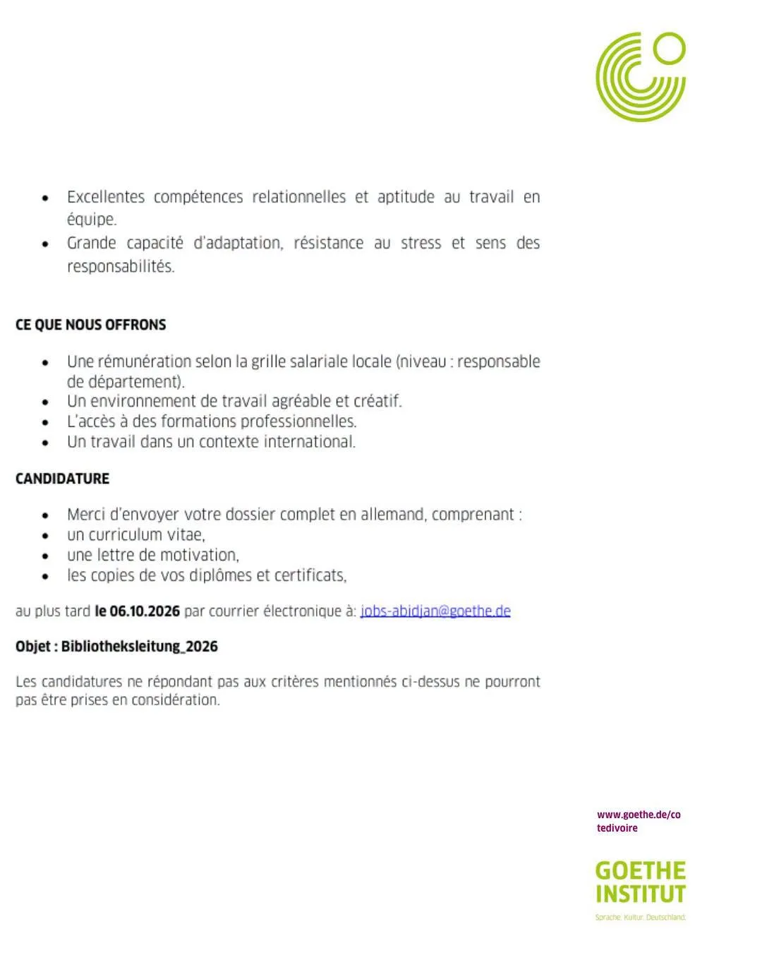 Le Goethe-Institut recrute 22 septembre 2026