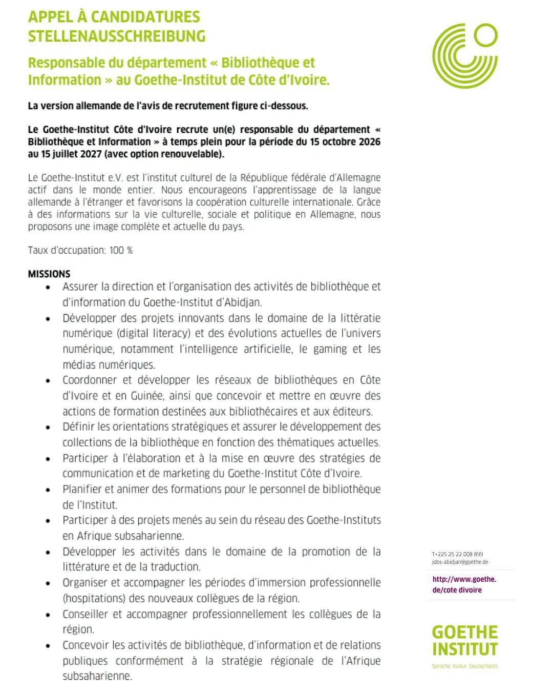 Le Goethe-Institut recrute 22 septembre 2026
